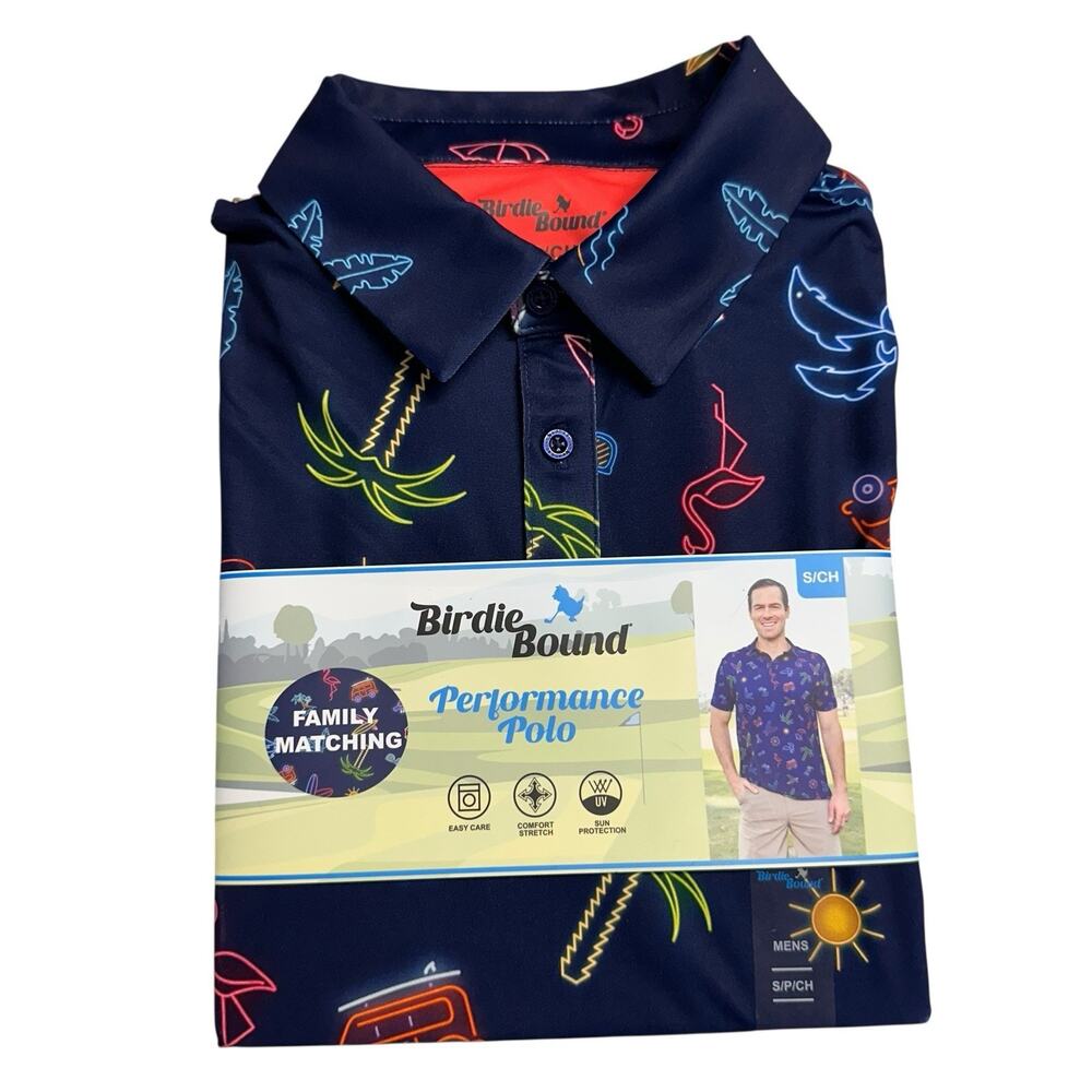 Birdie Bound Mens Polo Shirt Navy Neon Tropical Golf Performance Small New
